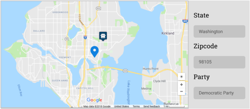 A map of Seattle on the left and an information input on the right including state: Washington, zip code: 98105, and political party: democrat
