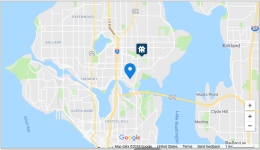 A map of Seattle on the left and an information input on the right including state: Washington, zip code: 98105, and political party: democrat
