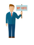 A graphic of a man in a suit and tie holding up a sign that says 'my vote'.